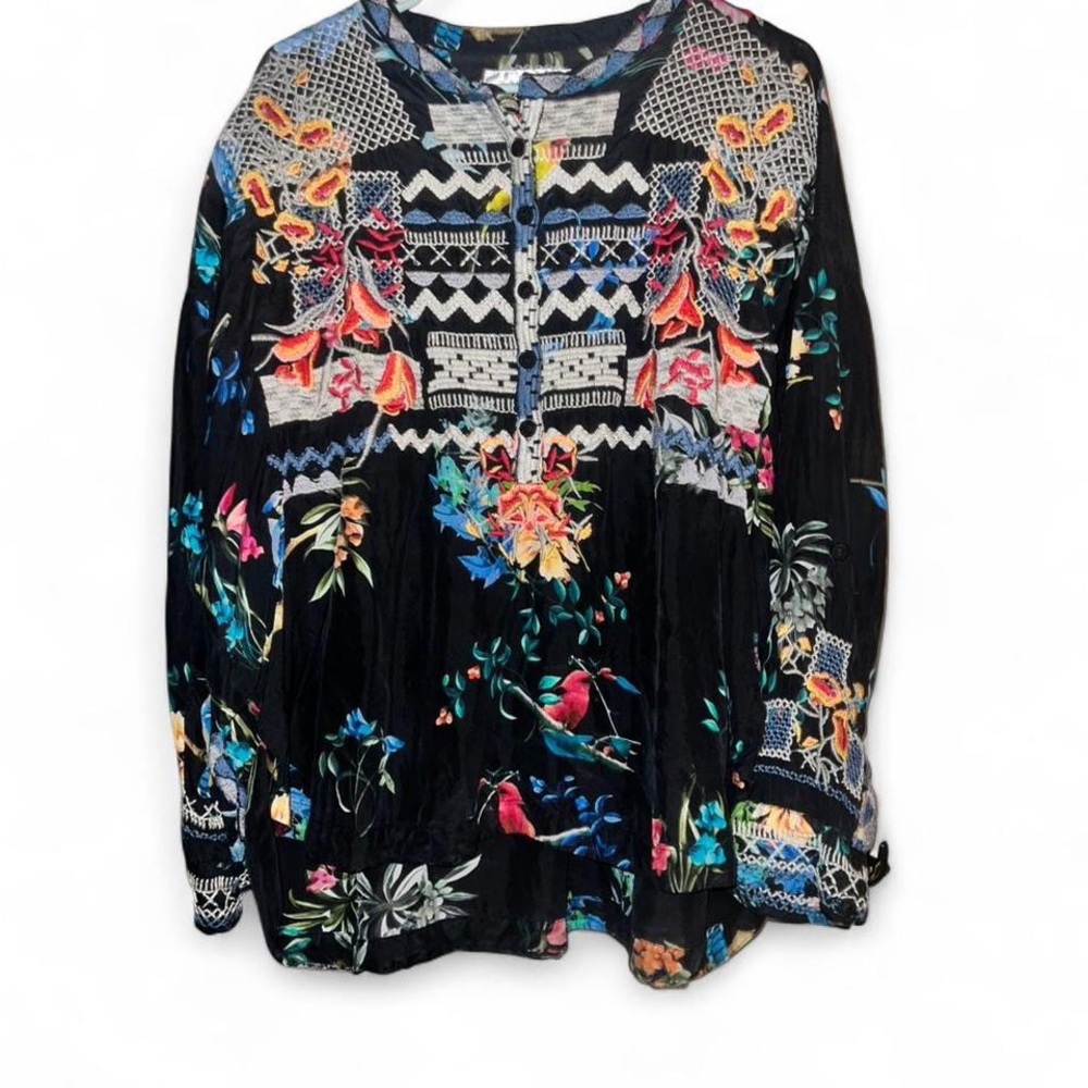 Johnny Was Biya Black Floral Embroidered Patchwork Boho Blouse